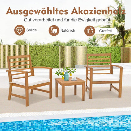 3-teiliges Gartenmöbel-Set aus Akazienholz mit weichen Sitzpolstern und stabilem Akazienholzrahmen