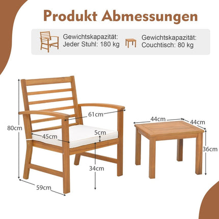 3-teiliges Gartenmöbel-Set aus Akazienholz mit weichen Sitzpolstern und stabilem Akazienholzrahmen
