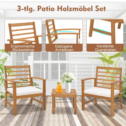3-teiliges Gartenmöbel-Set aus Akazienholz mit weichen Sitzpolstern und stabilem Akazienholzrahmen