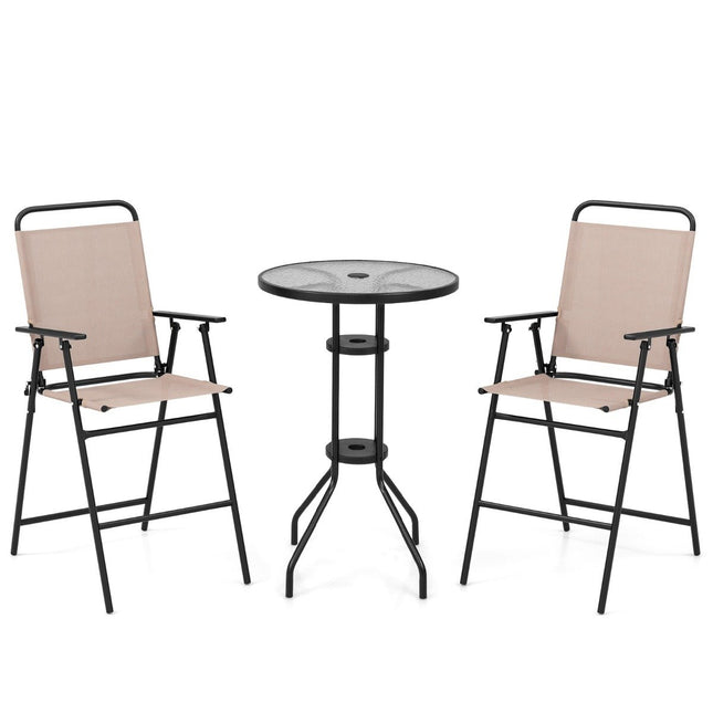 3-delige bistroset voor buiten, terrasbartafel met 2 klapstoelen en parasolgat, beige