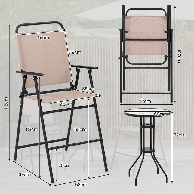 3-delige bistroset voor buiten, terrasbartafel met 2 klapstoelen en parasolgat, beige