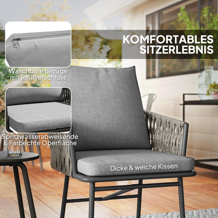Třídílná sestava venkovního nábytku, 2 židle, 1 stůl, bistro set, umělý ratan, ocelový rám, kovový stůl, 4 polstry, šedá