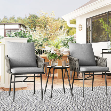 Třídílná sestava venkovního nábytku, 2 židle, 1 stůl, bistro set, umělý ratan, ocelový rám, kovový stůl, 4 polstry, šedá