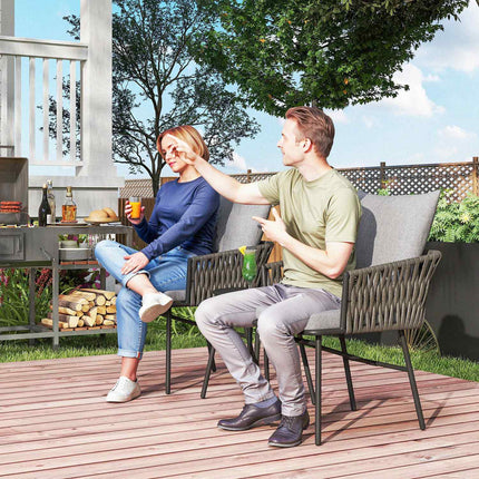 Třídílná sestava venkovního nábytku, 2 židle, 1 stůl, bistro set, umělý ratan, ocelový rám, kovový stůl, 4 polstry, šedá