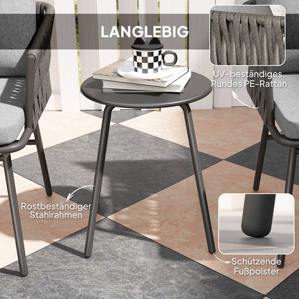 Třídílná sestava venkovního nábytku, 2 židle, 1 stůl, bistro set, umělý ratan, ocelový rám, kovový stůl, 4 polstry, šedá