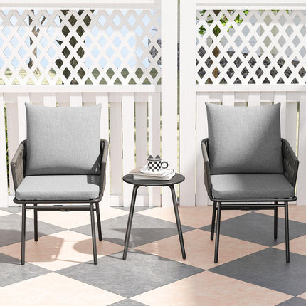 Třídílná sestava venkovního nábytku, 2 židle, 1 stůl, bistro set, umělý ratan, ocelový rám, kovový stůl, 4 polstry, šedá