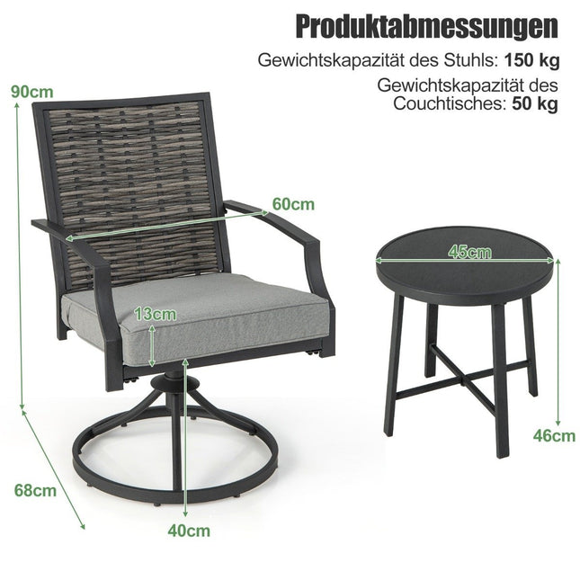 3-delige tuinmeubelset met salontafel, zachte zitkussens en robuust metalen frame