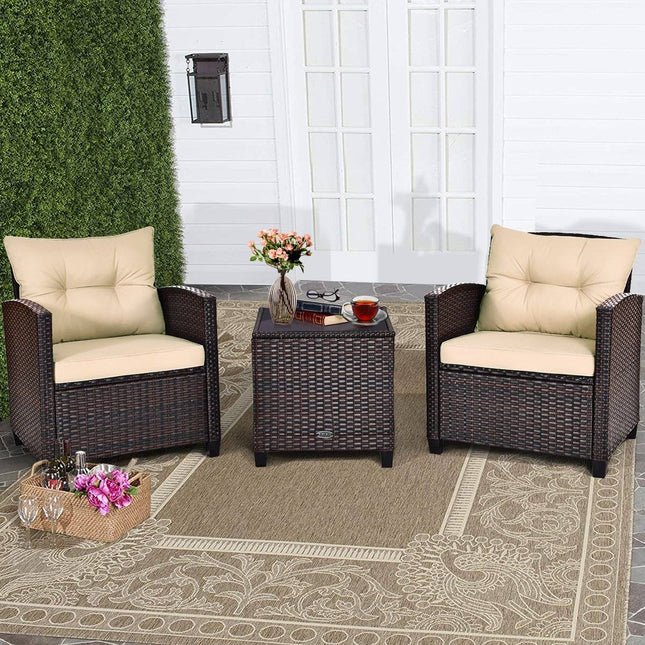 3-teiliges Terrassenset Outdoor Rattanset Gartenmöbel Rattan mit Sitzkissen &amp; Couchtisch Gelb + Braun