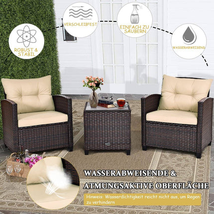 3-delige terrasset buiten rotan tuinset rotan met zitkussen & salontafel geel + bruin