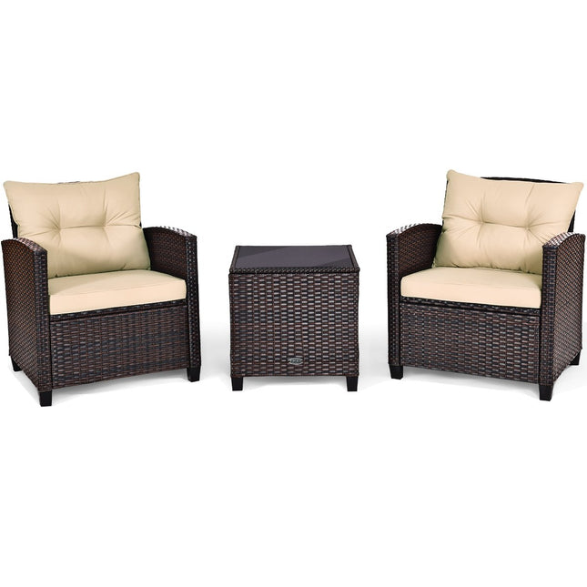3-teiliges Terrassenset Outdoor Rattanset Gartenmöbel Rattan mit Sitzkissen &amp; Couchtisch Gelb + Braun