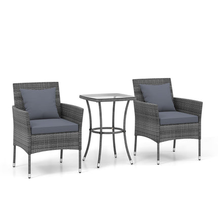 3-delige polyrotan tuinmeubelset met glazen tafel en kussens. Rotan zitgroep. Rotan tuinset, grijs.