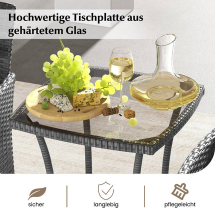 3-delige polyrotan tuinmeubelset met glazen tafel en kussens. Rotan zitgroep. Rotan tuinset, grijs.