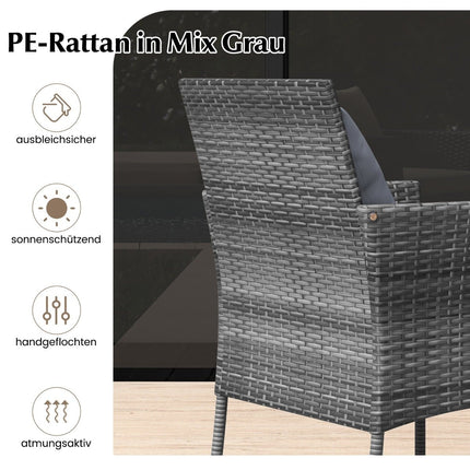 3-delige polyrotan tuinmeubelset met glazen tafel en kussens. Rotan zitgroep. Rotan tuinset, grijs.