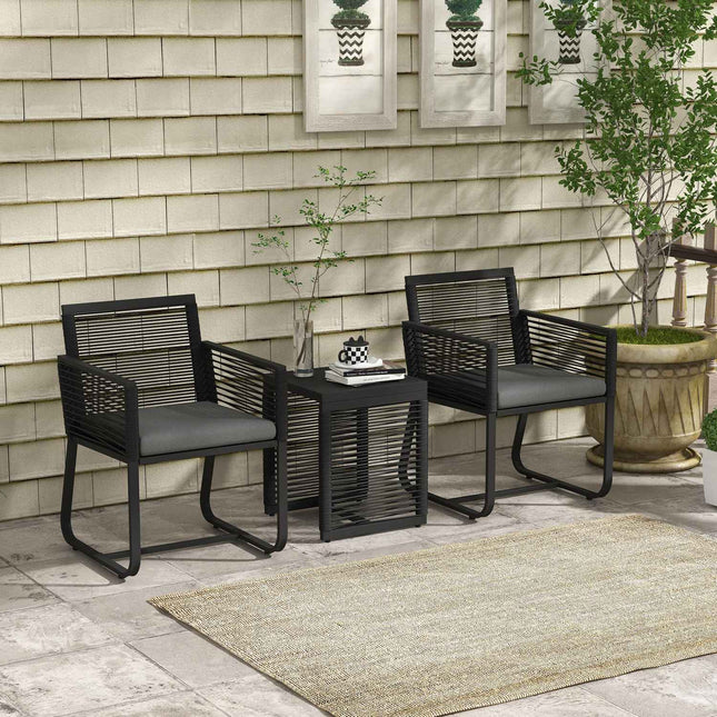 Rattan-Gartenmöbel mit Kissen – 3-teilig, schwarz