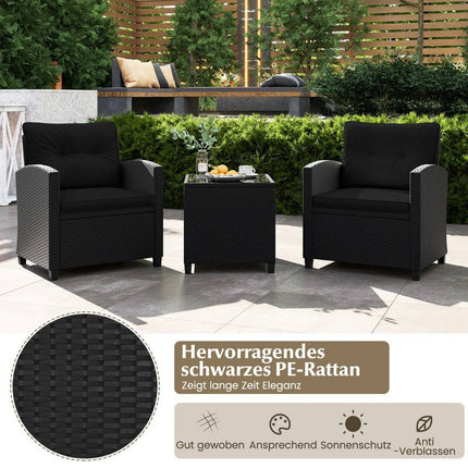 3-teiliges Rattan-Gartenmöbel-Set inkl. 2 Sesseln und 1 Beistelltisch, Sitzgruppe mit Kissen, schwarz