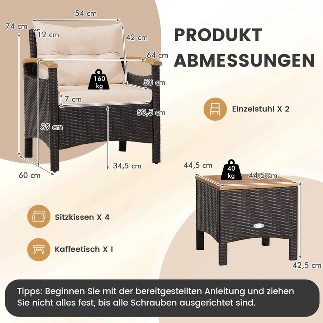 3-teiliges Rattan Gartenmöbel Set mit 2 Sesseln &amp; 1 Beistelltisch Rattanmöbel Gartenset Gartenlounge Braun