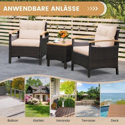 3-teiliges Rattan Gartenmöbel Set mit 2 Sesseln &amp; 1 Beistelltisch Rattanmöbel Gartenset Gartenlounge Braun