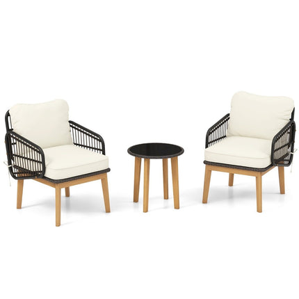 Ensemble de meubles de jardin en rotin 3 pièces, ensemble de sièges de jardin, 2 chaises en osier, table d'appoint en verre et coussins