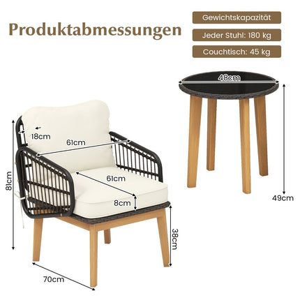 Ensemble de meubles de jardin en rotin 3 pièces, ensemble de sièges de jardin, 2 chaises en osier, table d'appoint en verre et coussins