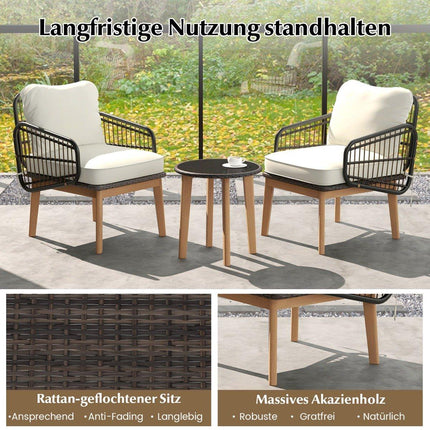 Ensemble de meubles de jardin en rotin 3 pièces, ensemble de sièges de jardin, 2 chaises en osier, table d'appoint en verre et coussins