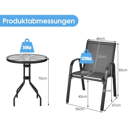 3 tlg. Balkonmöbel Set Bistrotisch mit 2 Stapelstühlen Balkonset Gartenset Gartenmöbel