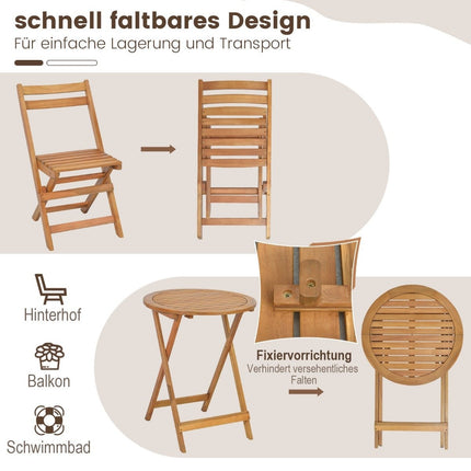3-delige houten bistroset met stevig acaciahouten frame en lattenbodem en tafelblad
