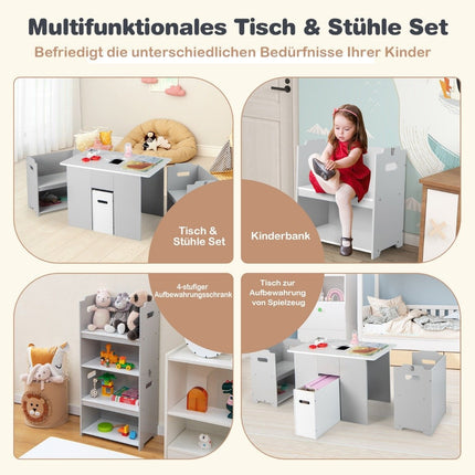 3-teiliges Tisch- und Stuhlset für Kinder 4-in-1-Aktivitätstisch mit 2 stapelbaren Stühlen Grau und Weiß
