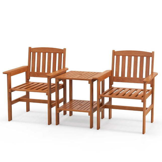 3-piece wooden bistro set with 2 chairs & table & hole for parasol seating group