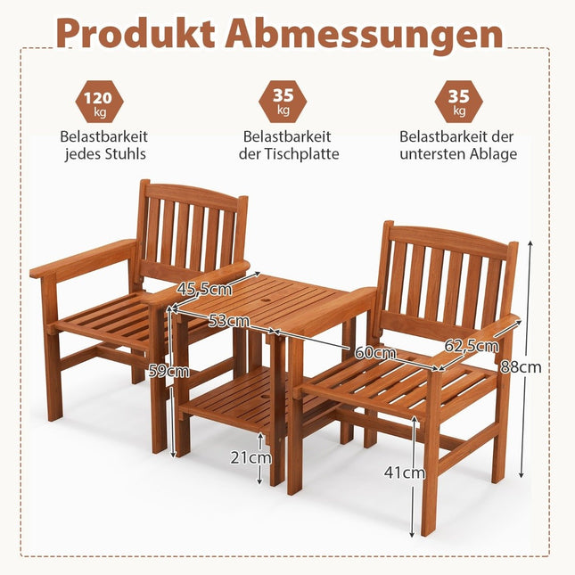 3-piece wooden bistro set with 2 chairs & table & hole for parasol seating group