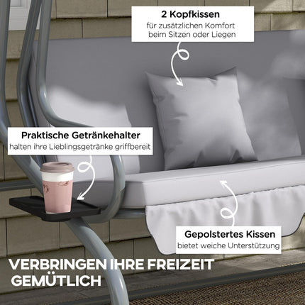 3-Sitzer Hollywoodschaukel mit Liegefunktion, verstellbares Dach, hellgrau