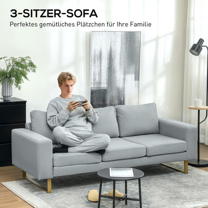 Třímístná pohovka s rámem z masivu, kovové nohy, jednoduchý design, světle šedá