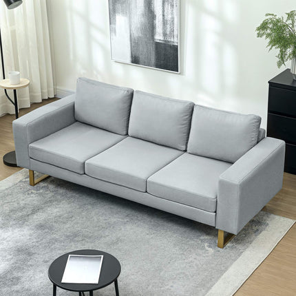 Třímístná pohovka s rámem z masivu, kovové nohy, jednoduchý design, světle šedá