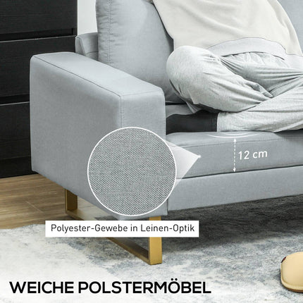 Třímístná pohovka s rámem z masivu, kovové nohy, jednoduchý design, světle šedá