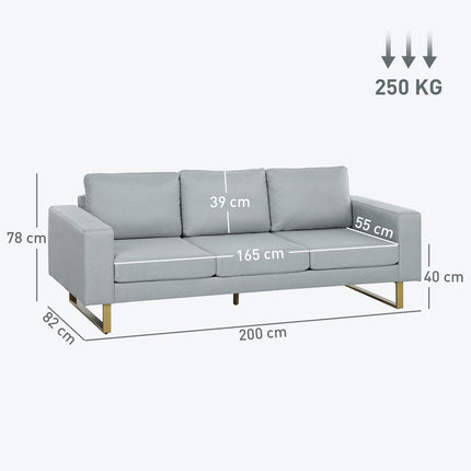 Třímístná pohovka s rámem z masivu, kovové nohy, jednoduchý design, světle šedá