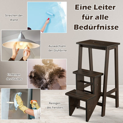 3-stufige Treppenklappbank mit drehbaren Stufen und Tragegriff, Aufstiegshilfe, braun, bis 310 kg