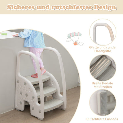 Marchepied 3 marches pour enfants, aide à l'escalade avec poignées de sécurité, capacité de charge de 50 kg, gris
