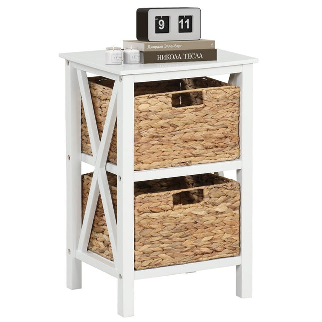3-stöckiger Nachttisch mit 2 Seegraskörben &amp; schmalem X-Design Beistelltisch 36 x 30 x 57 cm weiß