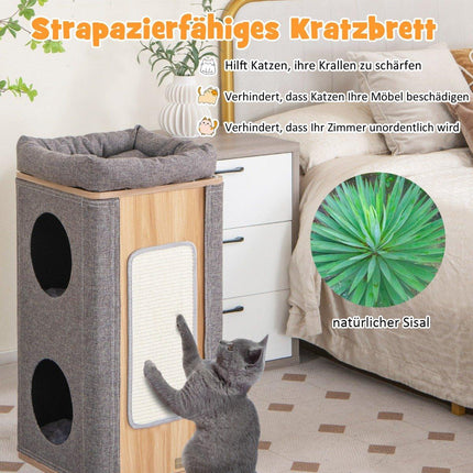 3-stöckige Katzenhöhle mit Kratzbrett &amp; 3 Matten Spieltonne für Katzen bis 20 kg grau + natur
