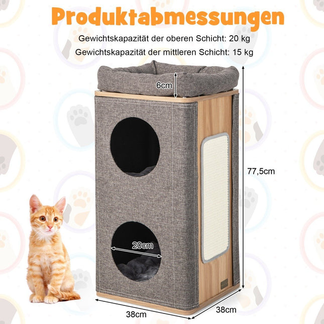 3-stöckige Katzenhöhle mit Kratzbrett &amp; 3 Matten Spieltonne für Katzen bis 20 kg grau + natur
