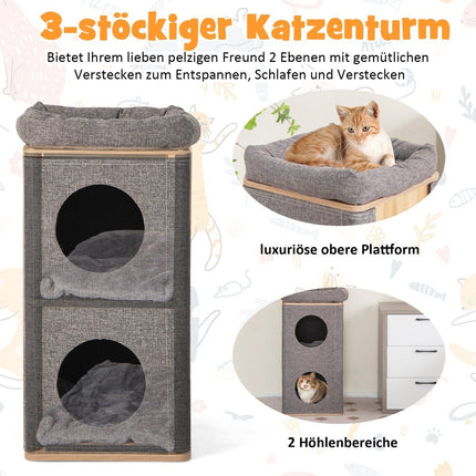 3-stöckige Katzenhöhle mit Kratzbrett &amp; 3 Matten Spieltonne für Katzen bis 20 kg grau + natur