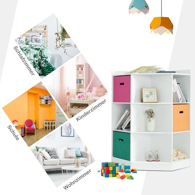 3-stöckiges Kinderregal mit 6 offenen Fächern und 3 farbigen Körben 81 x 61 x 94 cm weiß