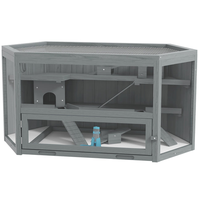 Cage à rongeurs à 3 niveaux, cage hexagonale pour petits animaux, maison pour petits animaux en bois, cage à souris, cage à hamster avec couvercle rabattable, fenêtre d'observation, rampe, 115 x 60 x 55 cm gris