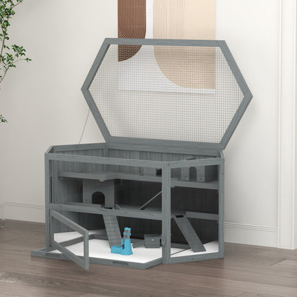 Hexagonal wooden rodent cage with folding lid, 115x60x55 cm