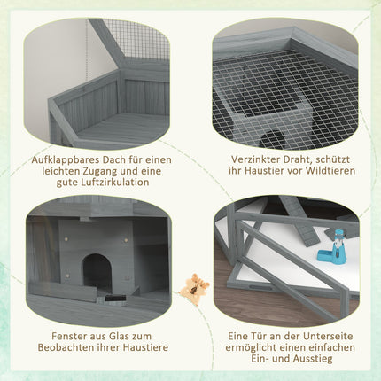 Hexagonal wooden rodent cage with folding lid, 115x60x55 cm