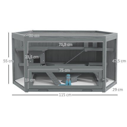 Hexagonal wooden rodent cage with folding lid, 115x60x55 cm