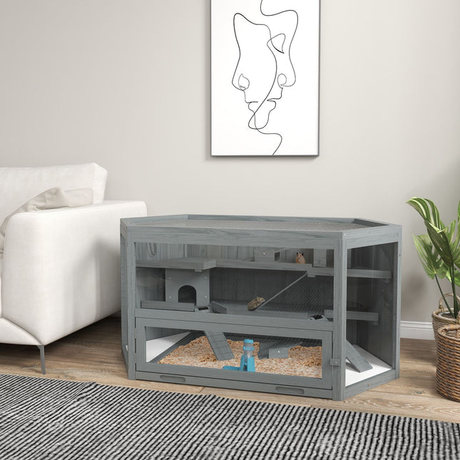 Cage à rongeurs à 3 niveaux, cage hexagonale pour petits animaux, maison pour petits animaux en bois, cage à souris, cage à hamster avec couvercle rabattable, fenêtre d'observation, rampe, 115 x 60 x 55 cm gris