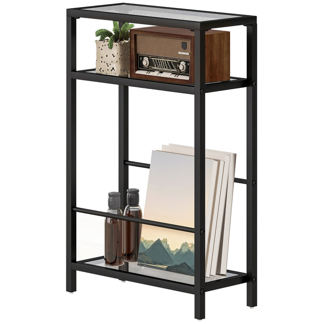 3-stöckiges Regal mit Glasböden, 18 cm breit, Stahlrahmen, Querstreben, schwarz