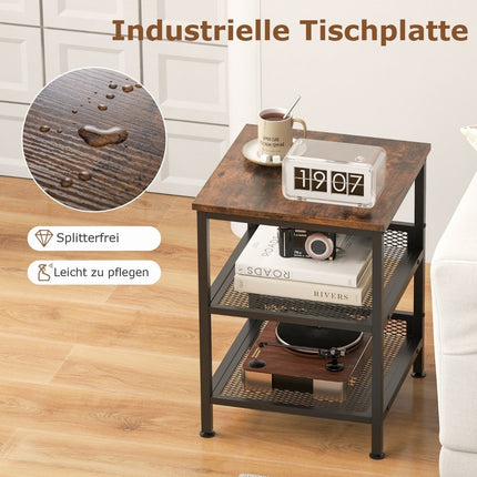 3 tier side table with metal frame & 2 grid shelves square bedside table industrial design