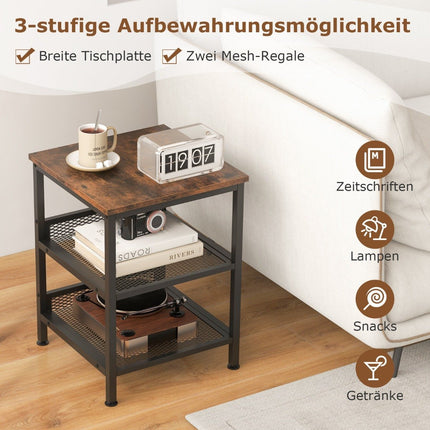 3 tier side table with metal frame & 2 grid shelves square bedside table industrial design