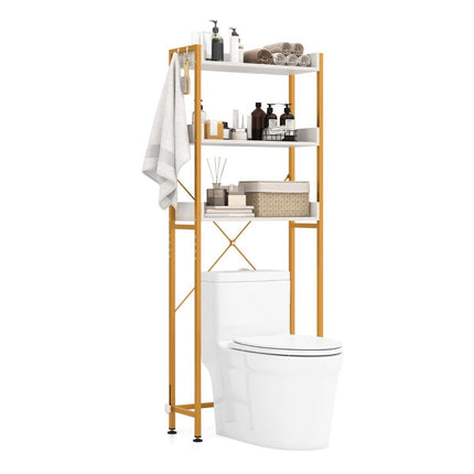 3-tier toilet shelf with 4 hooks and adjustable feet. Space-saving bathroom shelf, white